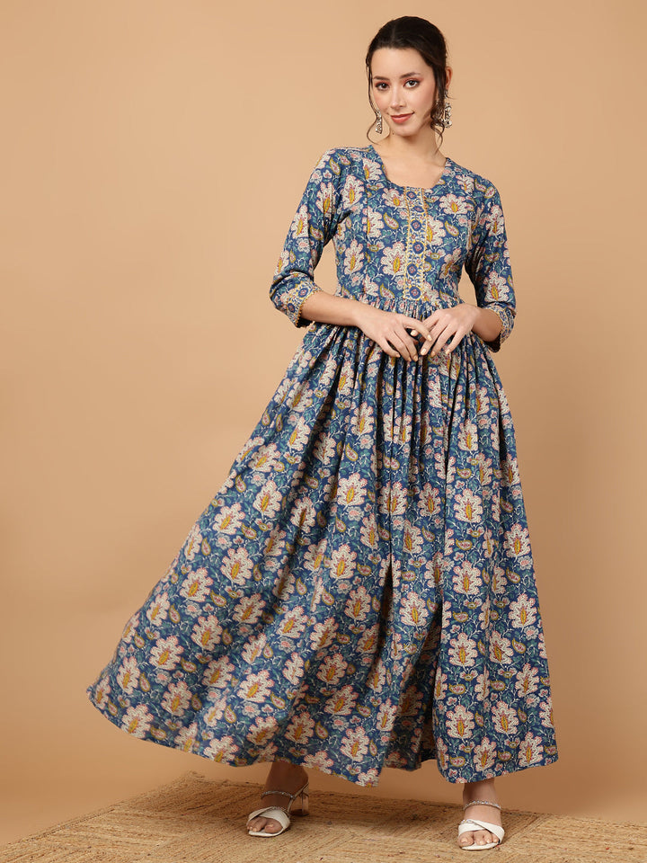 Rayon Printed Ankle Length 3/4 Sleeve Round Neck Flared Kurta