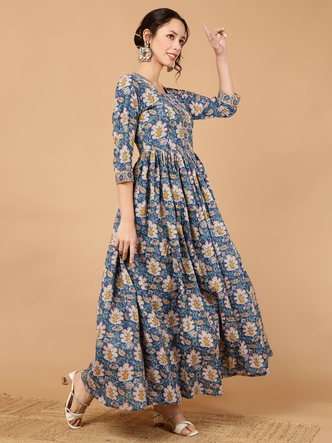 Rayon Printed Ankle Length 3/4 Sleeve Round Neck Flared Kurta