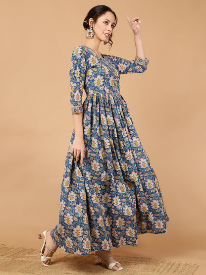 Rayon Printed Ankle Length 3/4 Sleeve Round Neck Flared Kurta