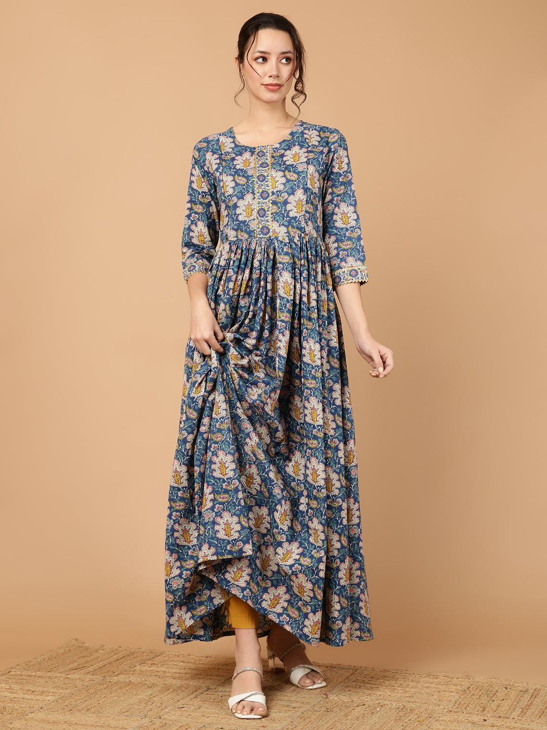 Rayon Printed Ankle Length 3/4 Sleeve Round Neck Flared Kurta