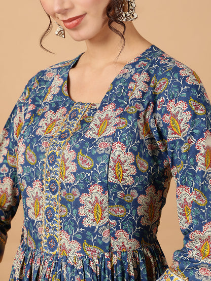 Rayon Printed Ankle Length 3/4 Sleeve Round Neck Flared Kurta