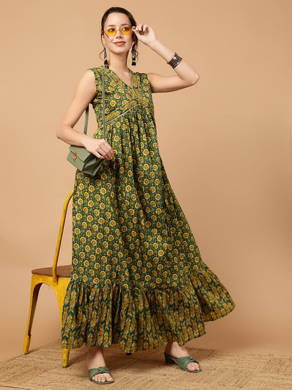 Rayon Printed Ankle Length Sleeveless V-Neck Alia Cut Tiered Kurta