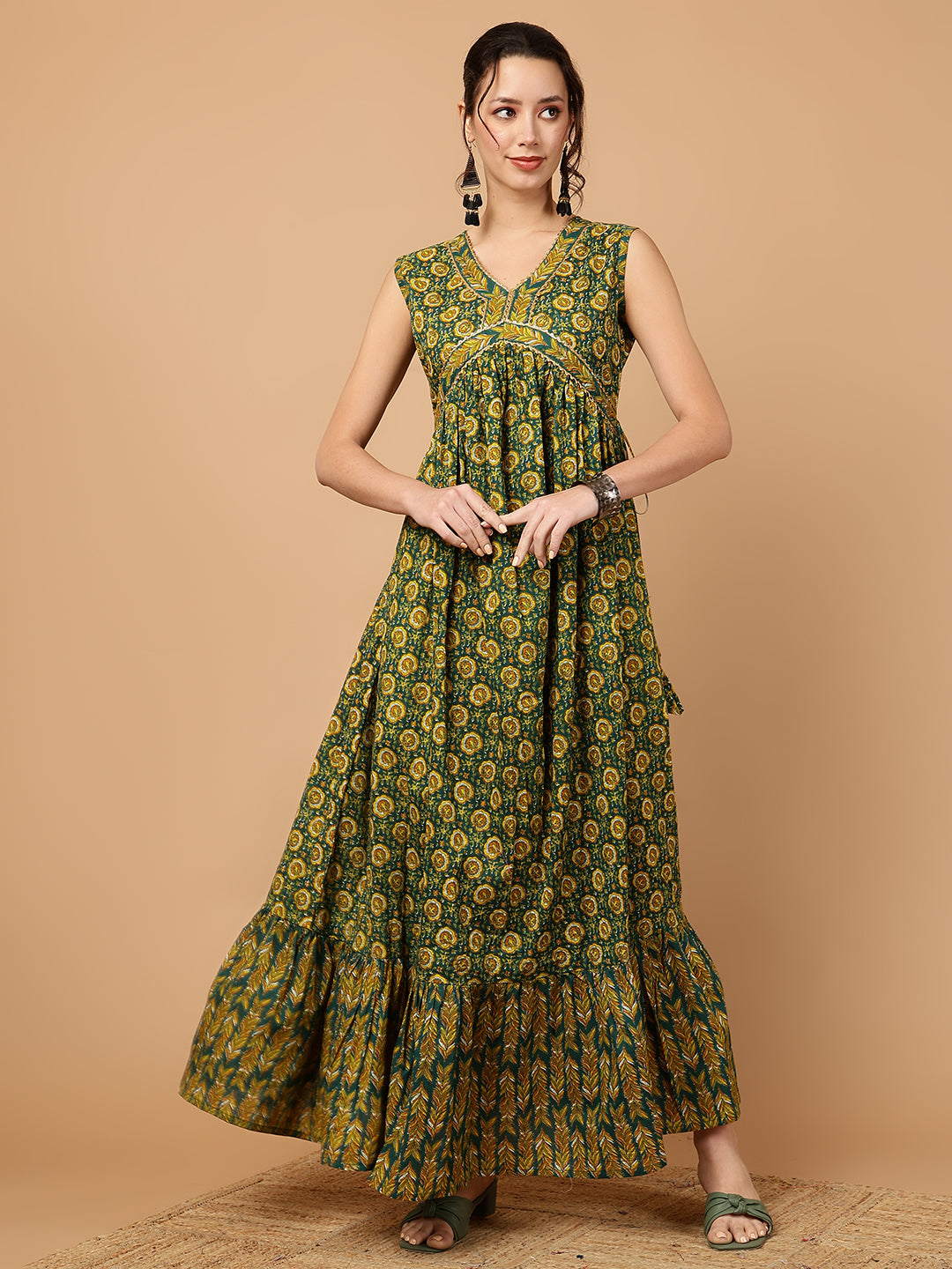 Rayon Printed Ankle Length Sleeveless V-Neck Alia Cut Tiered Kurta