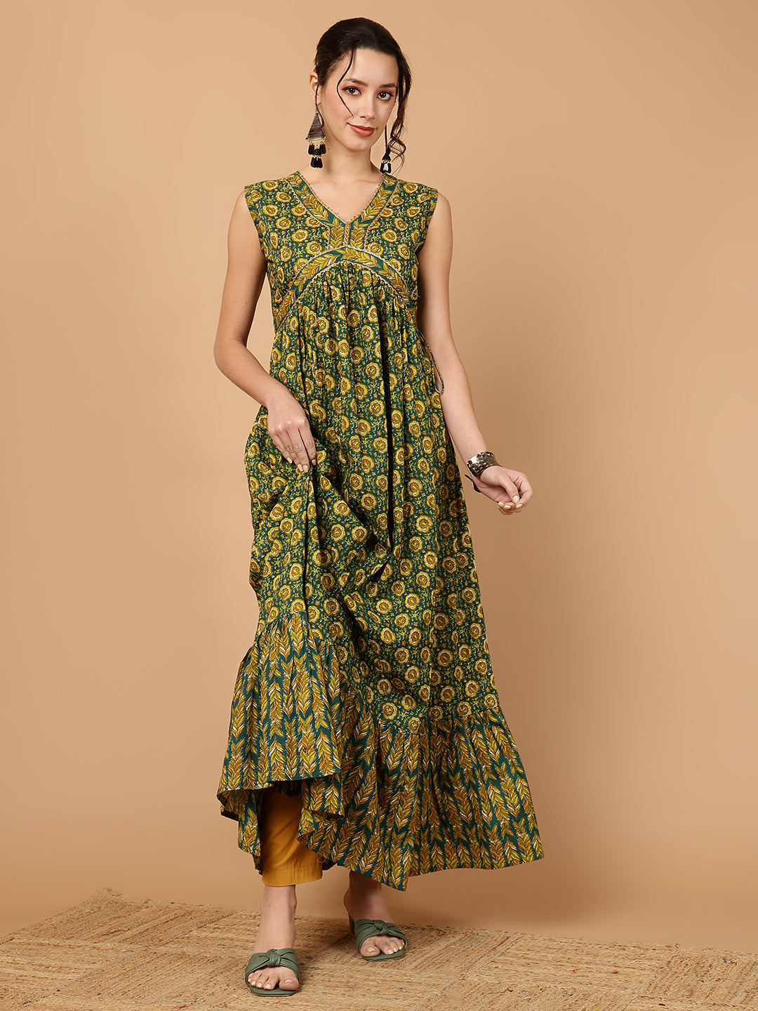 Rayon Printed Ankle Length Sleeveless V-Neck Alia Cut Tiered Kurta
