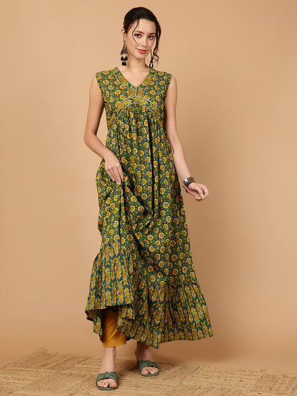Rayon Printed Ankle Length Sleeveless V-Neck Alia Cut Tiered Kurta