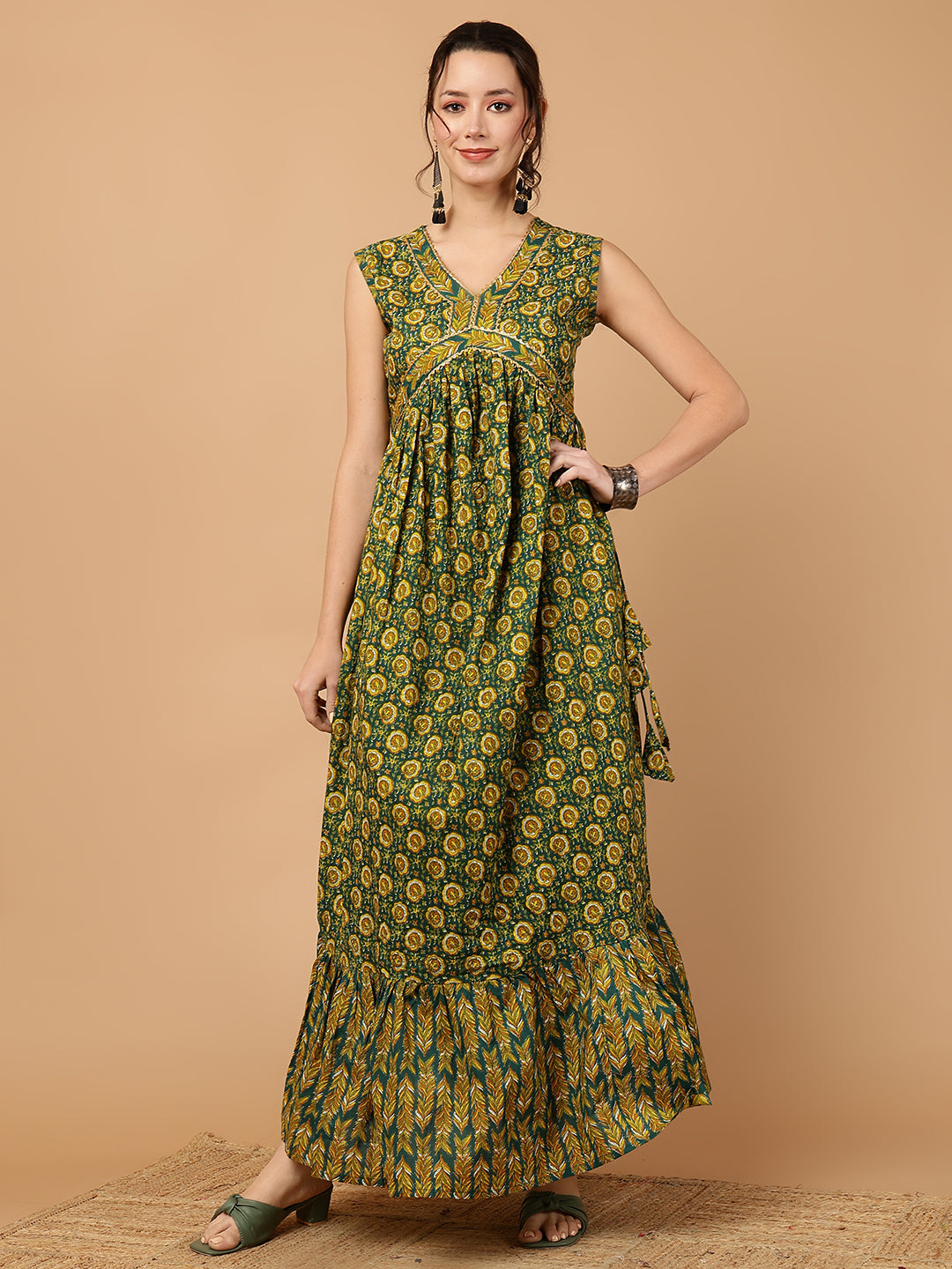 Rayon Printed Ankle Length Sleeveless V-Neck Alia Cut Tiered Kurta