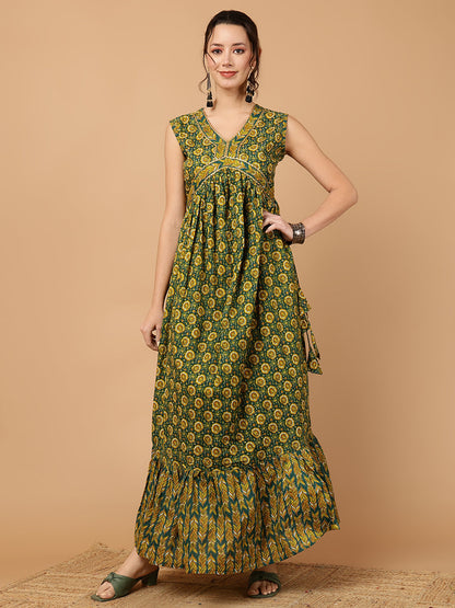 Rayon Printed Ankle Length Sleeveless V-Neck Alia Cut Tiered Kurta