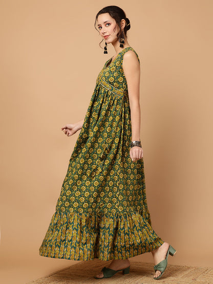 Rayon Printed Ankle Length Sleeveless V-Neck Alia Cut Tiered Kurta