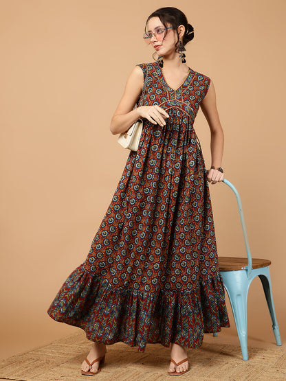 Rayon Printed Ankle Length Sleeveless V-Neck Alia Cut Tiered Kurta