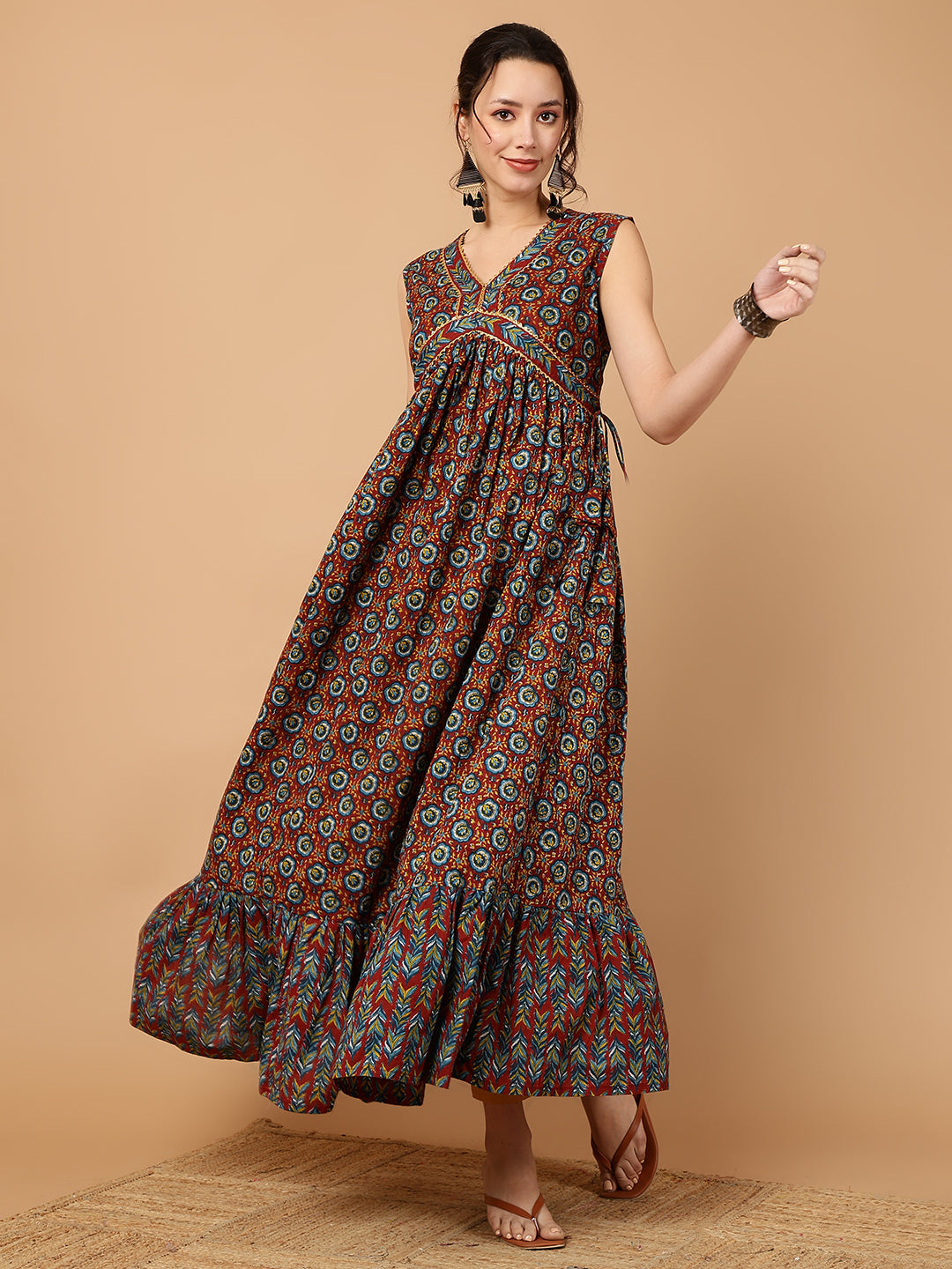 Rayon Printed Ankle Length Sleeveless V-Neck Alia Cut Tiered Kurta