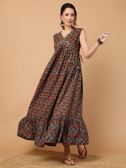 Rayon Printed Ankle Length Sleeveless V-Neck Alia Cut Tiered Kurta