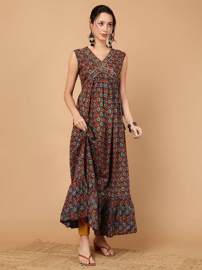 Rayon Printed Ankle Length Sleeveless V-Neck Alia Cut Tiered Kurta