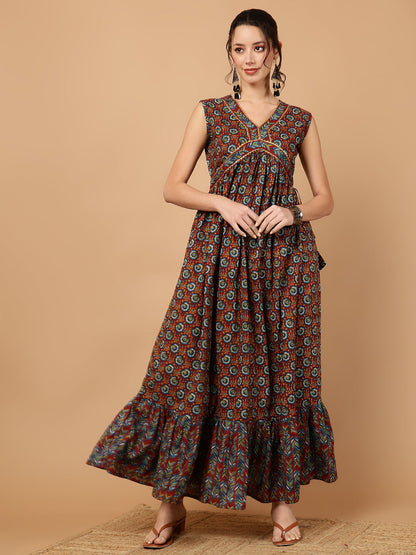 Rayon Printed Ankle Length Sleeveless V-Neck Alia Cut Tiered Kurta