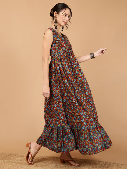 Rayon Printed Ankle Length Sleeveless V-Neck Alia Cut Tiered Kurta