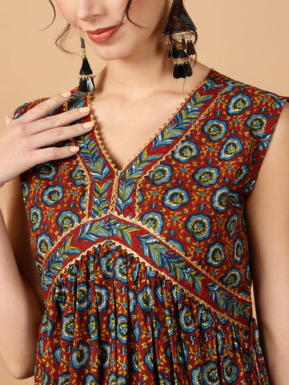 Rayon Printed Ankle Length Sleeveless V-Neck Alia Cut Tiered Kurta