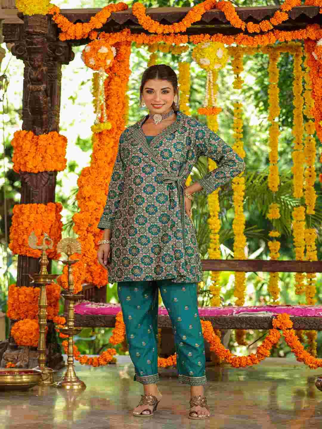 Teal Chanderi Printed Clothing Set