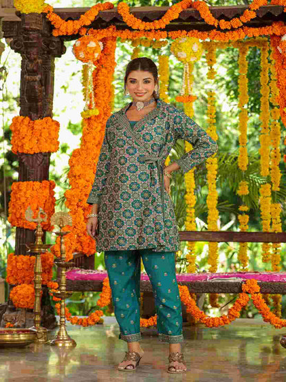 Teal Chanderi Printed Clothing Set