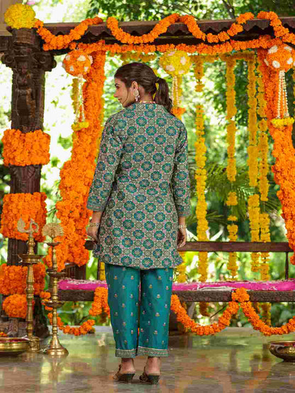 Teal Chanderi Printed Clothing Set