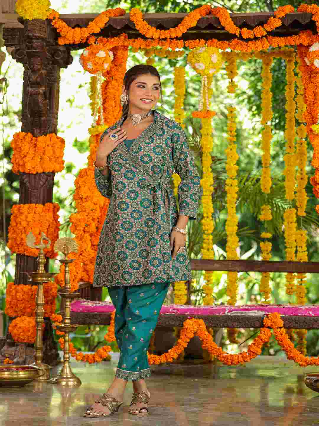 Teal Chanderi Printed Clothing Set