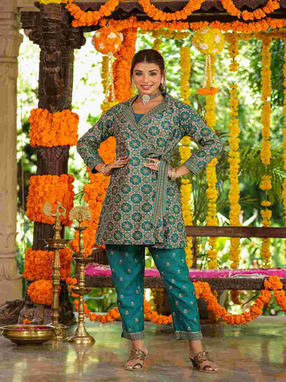 Teal Chanderi Printed Clothing Set
