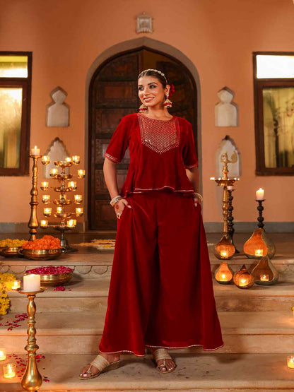 Maroon Velvet Embroidered Clothing Set