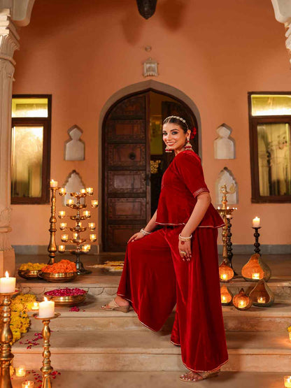 Maroon Velvet Embroidered Clothing Set