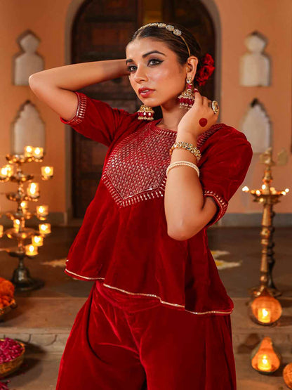 Maroon Velvet Embroidered Clothing Set
