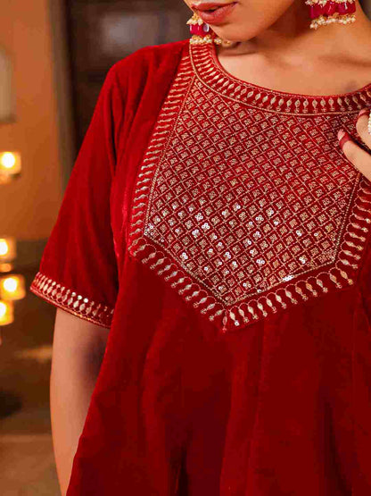 Maroon Velvet Embroidered Clothing Set