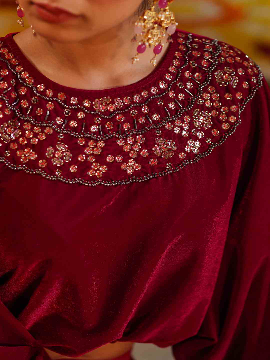 Fuchsia Velvet Embellished Clothing Set