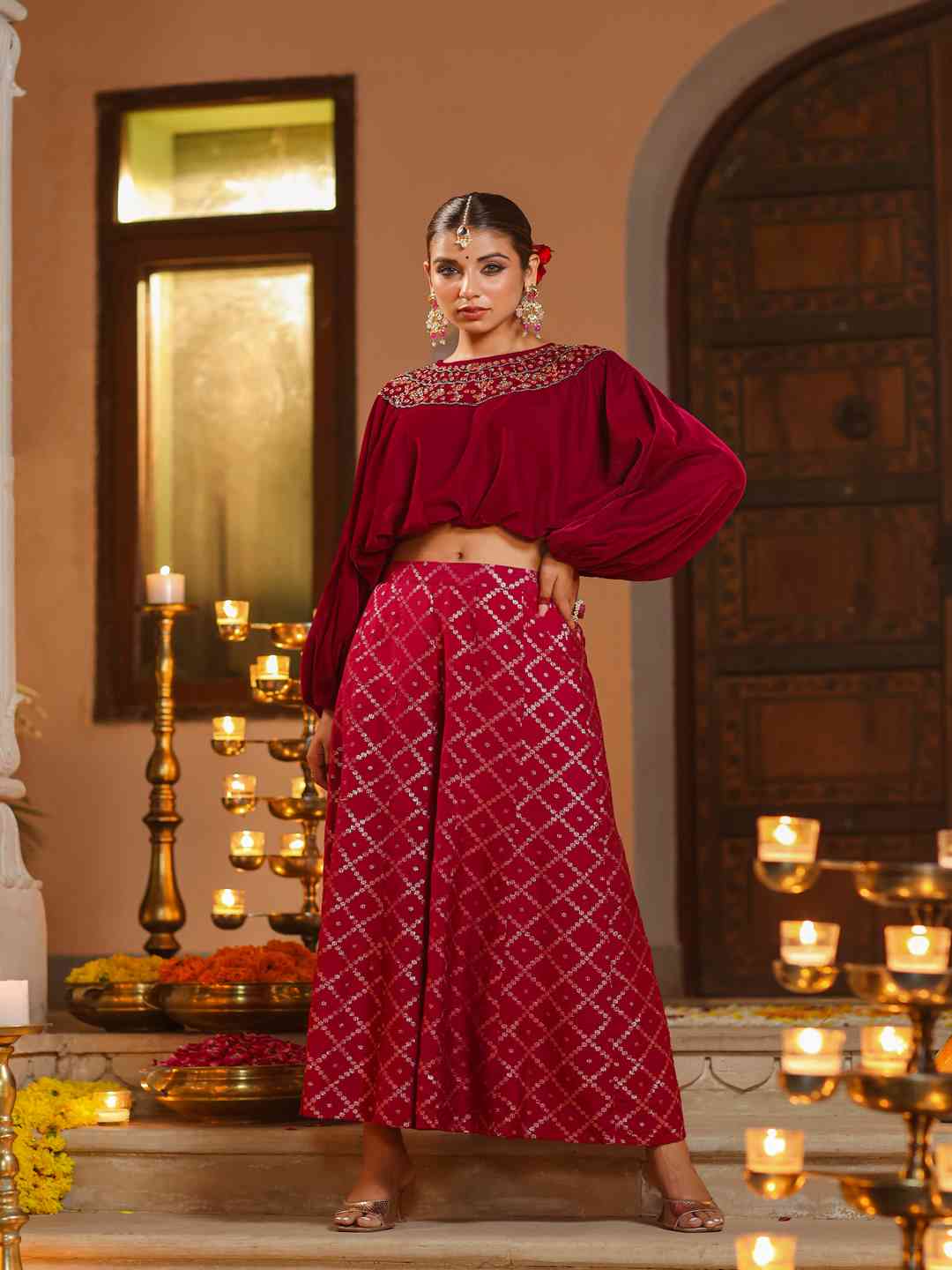 Fuchsia Velvet Embellished Clothing Set