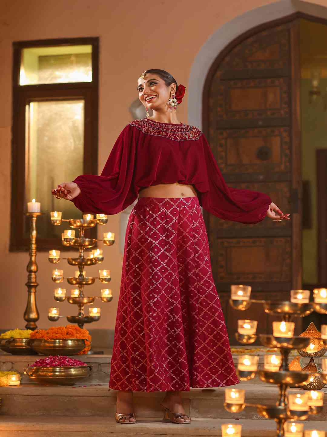 Fuchsia Velvet Embellished Clothing Set