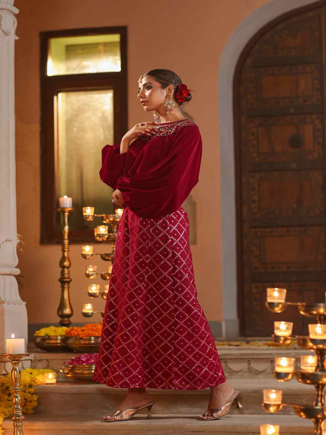 Fuchsia Velvet Embellished Clothing Set