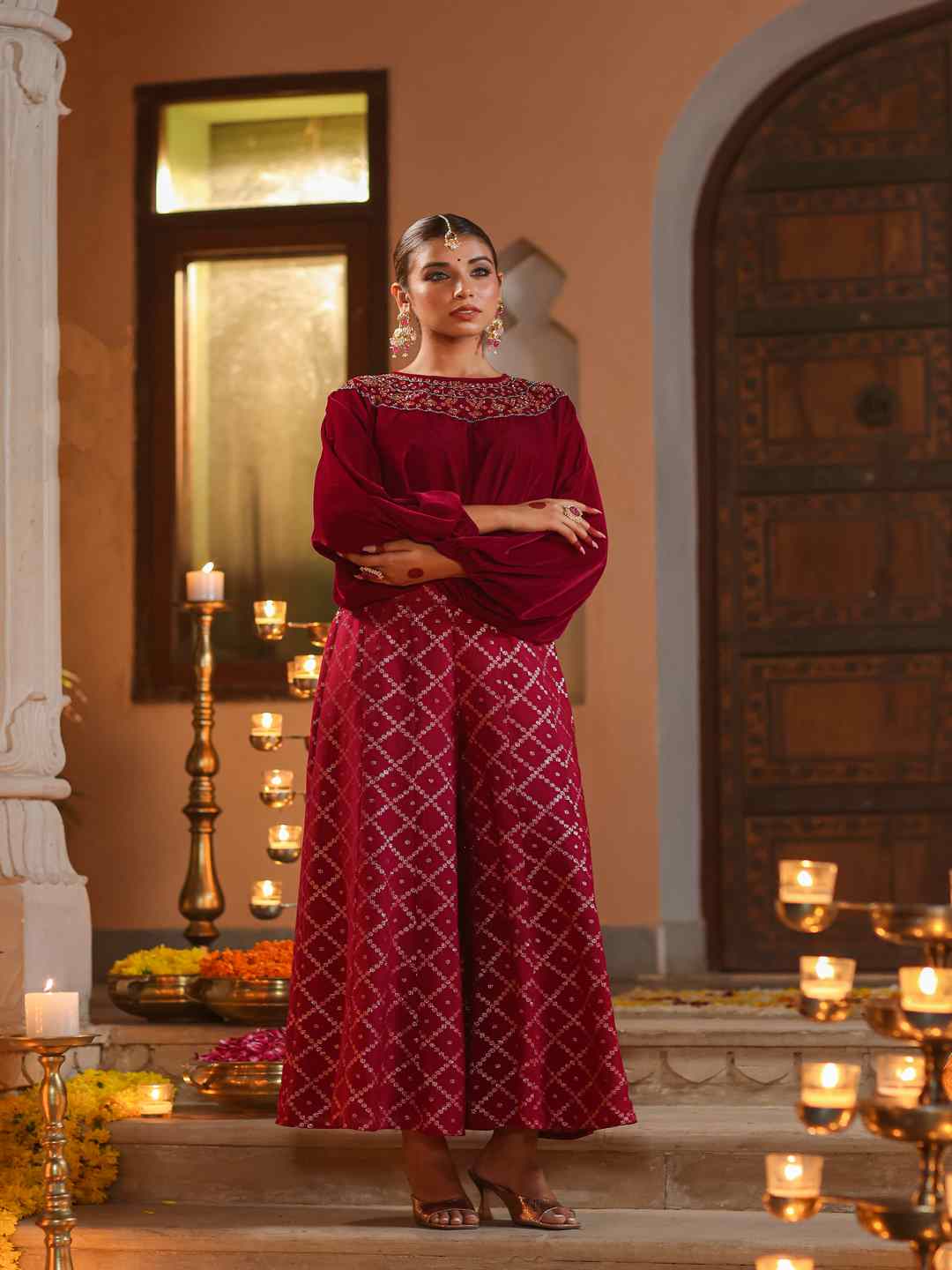 Fuchsia Velvet Embellished Clothing Set