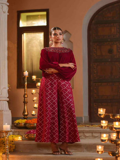 Fuchsia Velvet Embellished Clothing Set