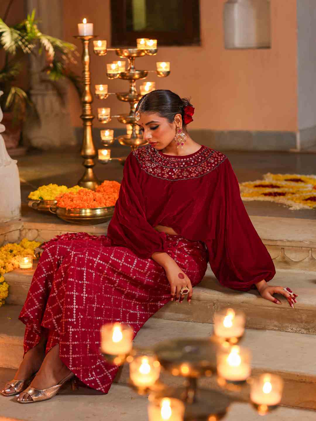 Fuchsia Velvet Embellished Clothing Set