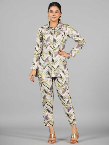 Green Chevron Printed Rayon Tunic With Pants Set