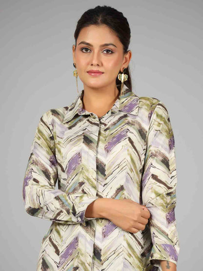 Green Chevron Printed Rayon Tunic With Pants Set