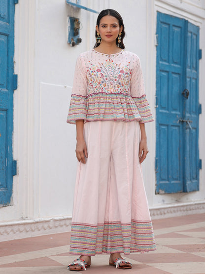 Pink Floral Printed Peplum Co-Ord Set With Kantha Work & Beads