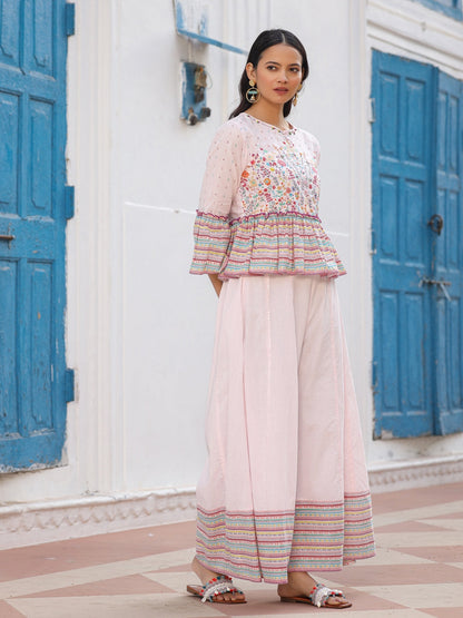 Pink Floral Printed Peplum Co-Ord Set With Kantha Work & Beads