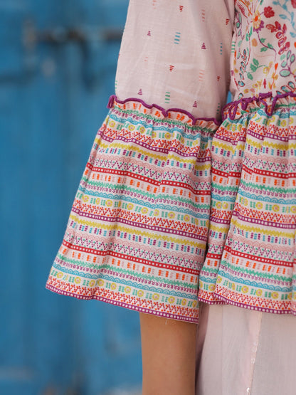 Pink Floral Printed Peplum Co-Ord Set With Kantha Work & Beads