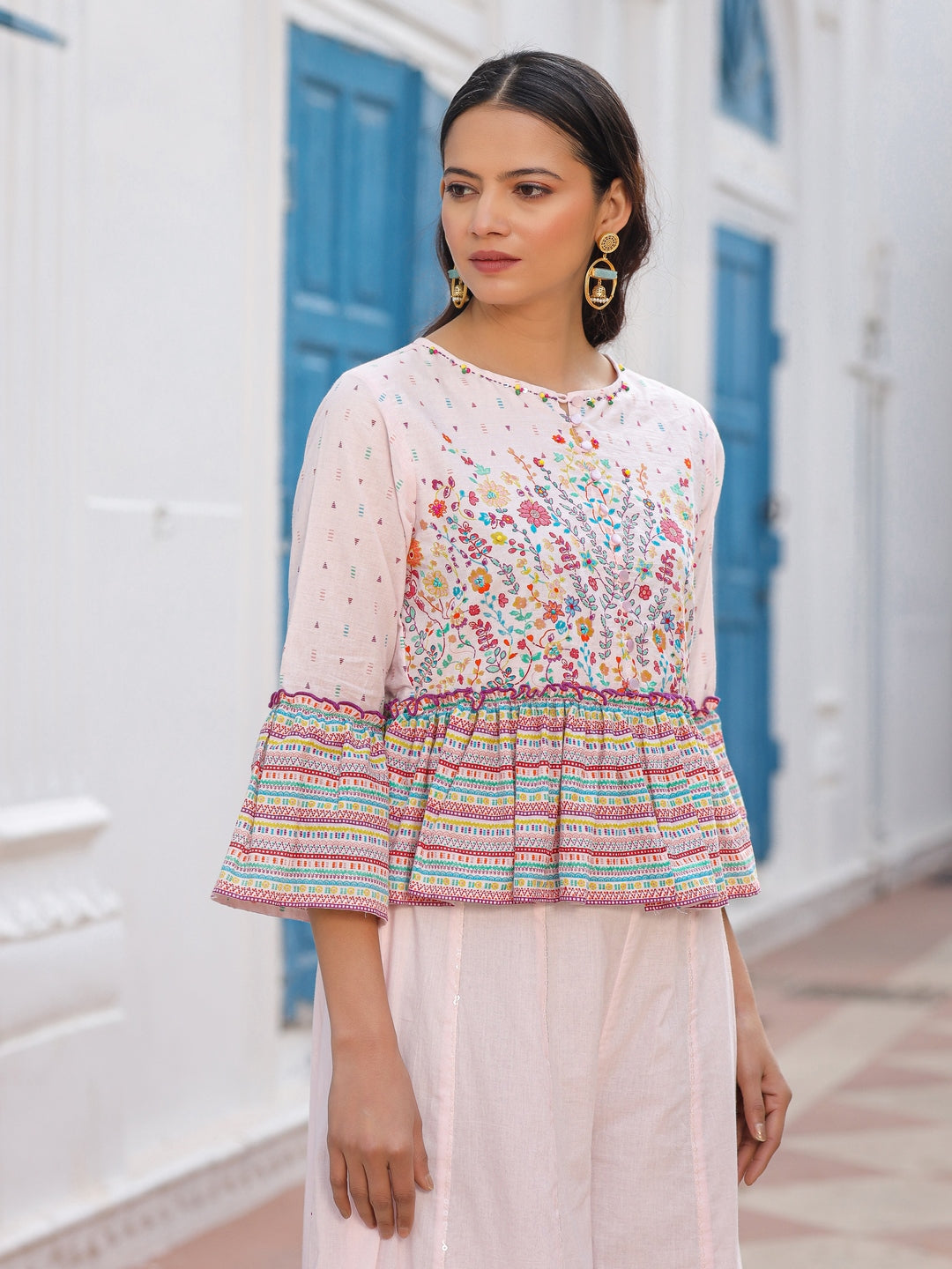 Pink Floral Printed Peplum Co-Ord Set With Kantha Work & Beads