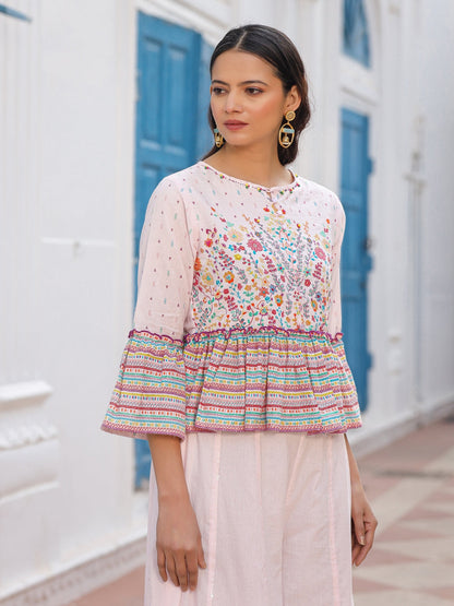Pink Floral Printed Peplum Co-Ord Set With Kantha Work & Beads