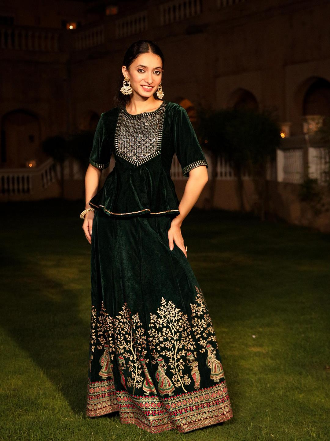 The Sunehri Green Zari Embroidered Velvet Top & Skirt Set With Sequins & Lace