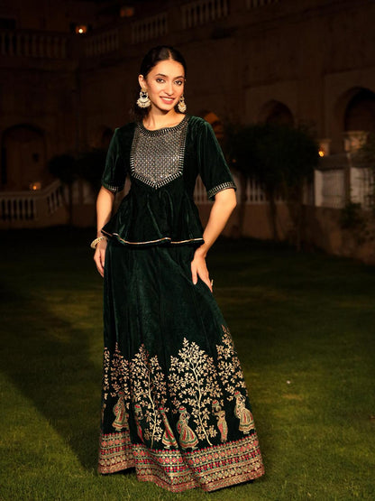 The Sunehri Green Zari Embroidered Velvet Top & Skirt Set With Sequins & Lace