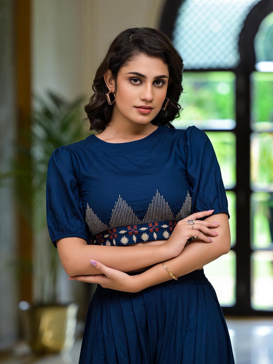 Navy Thread Embroidered Rayon Top & Dhoti Pant Set