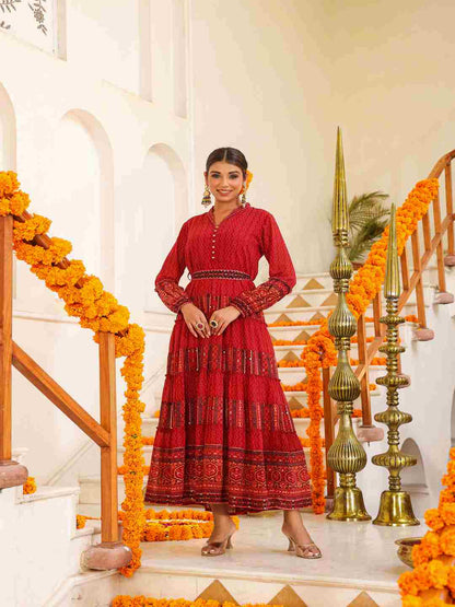 Rust Georgette Printed Maxi Dress