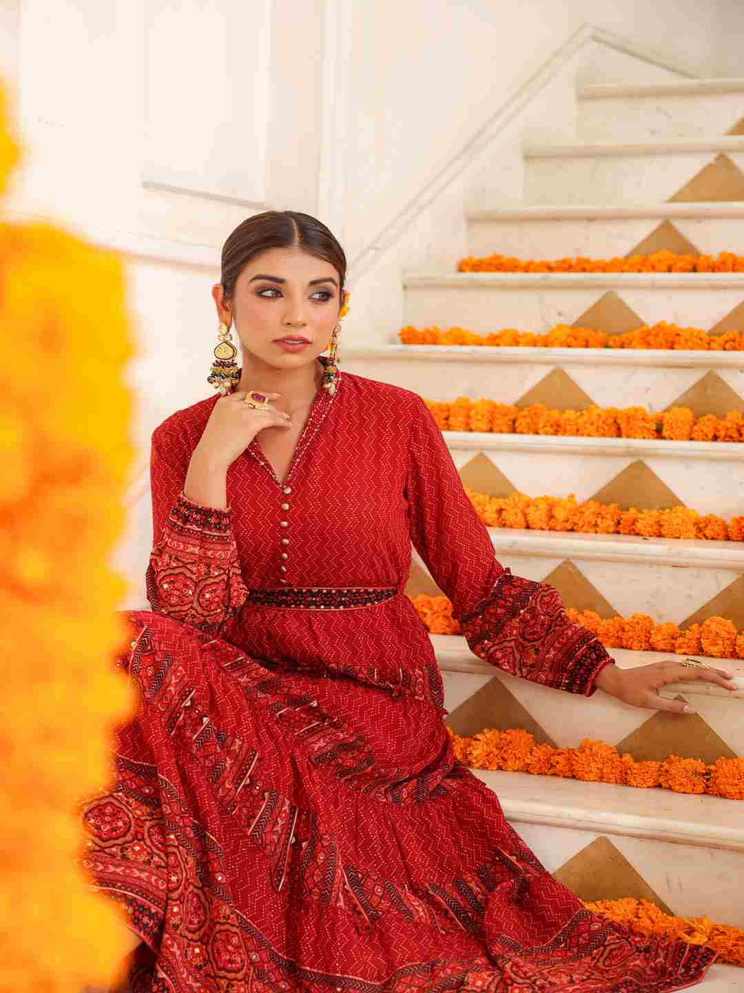 Rust Georgette Printed Maxi Dress