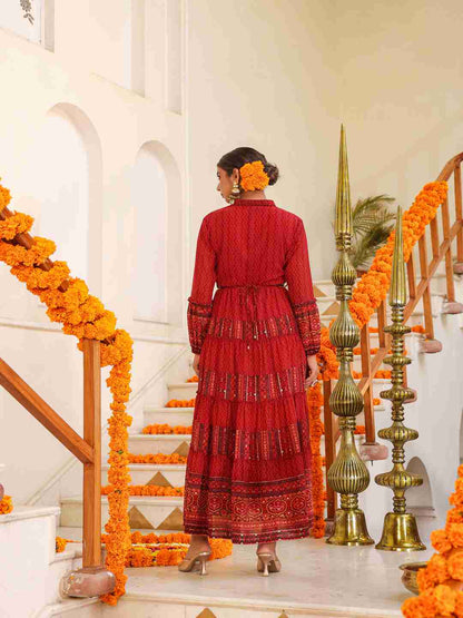 Rust Georgette Printed Maxi Dress