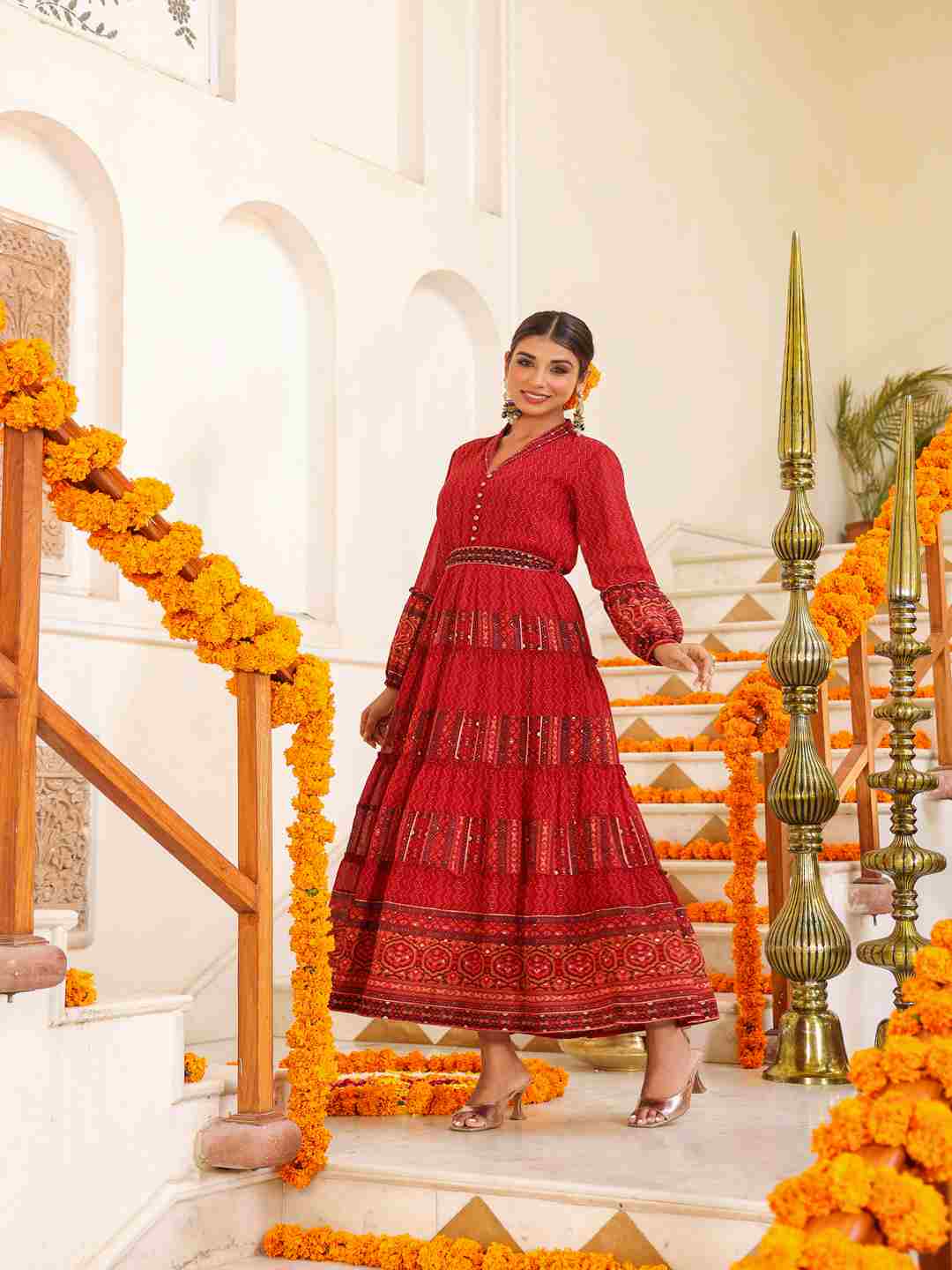 Rust Georgette Printed Maxi Dress