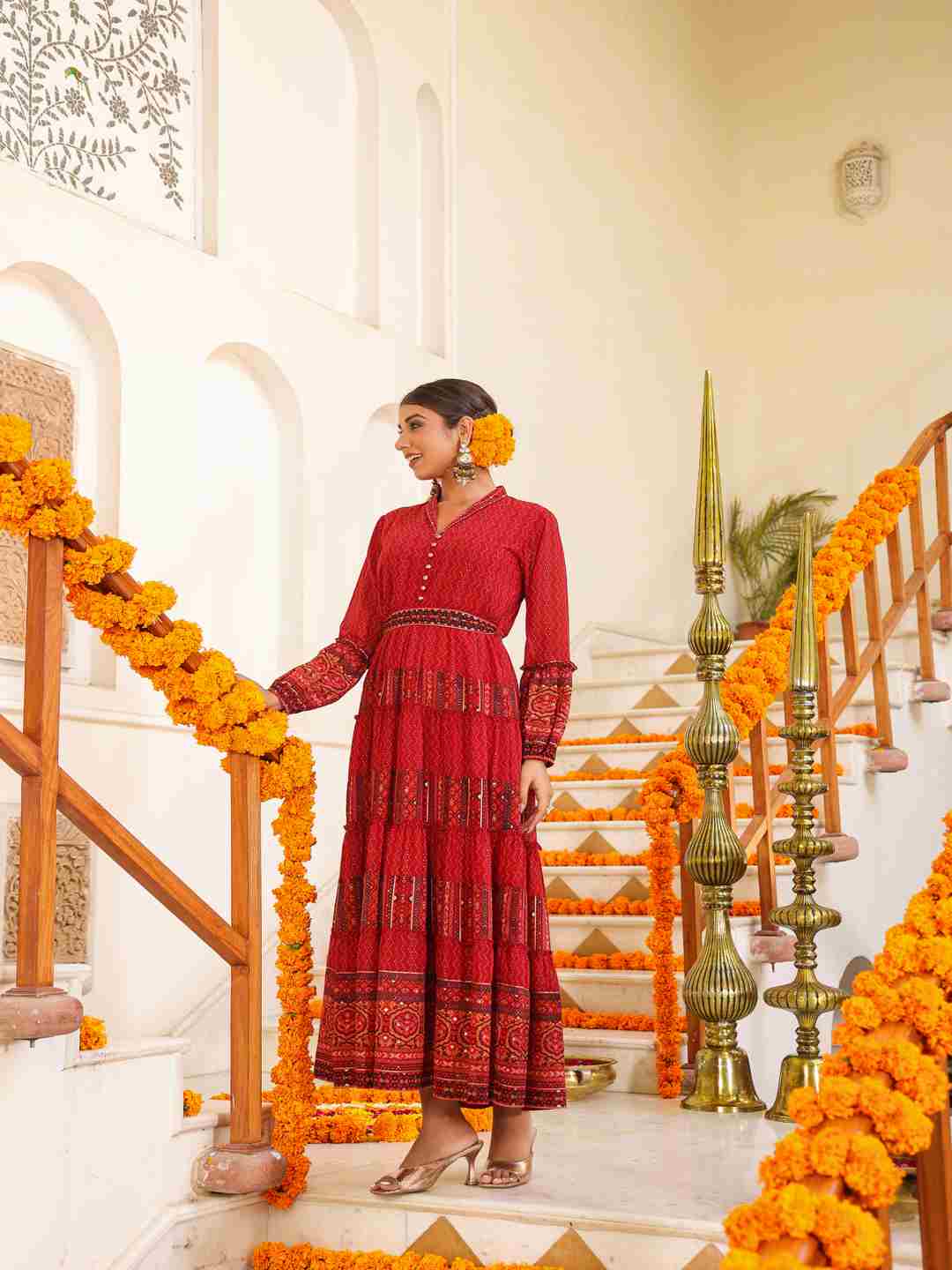 Rust Georgette Printed Maxi Dress